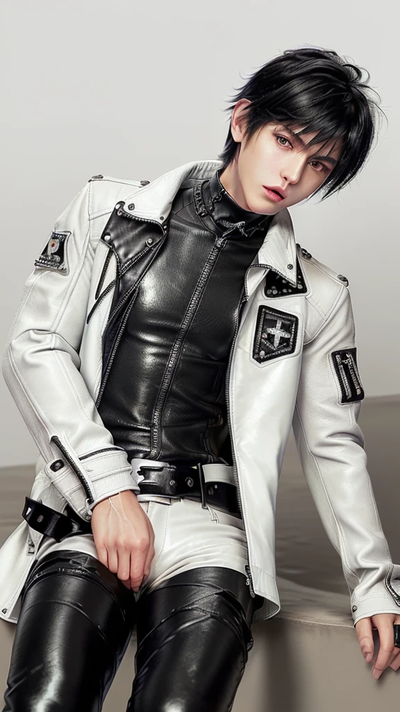 Final fantasy taste and reality graphics, ((Japanese young cute and cool ikemen boy)), his age is early 20s, thin eyebrows and beady eyes, ((he wearing off white color leather thick and heavy material jacket)), ((jacket is singlebrest)), ((biker style jacket)), ((jacket is large size)),((with epaulet)), ((jacket is long sleeve)), ((zipped front of the leather jacket)), , ((voluminous leather jacket)), ,((must jacket is high length and stand-up collar)) ((jacket collar with two belts)), ((jacket is a little black color line pattern)), ((also wearing black thick material turtleneck lackluster shirts)), ((tight black leather pants)), ((put black leather tight and thin glove on both hands)), ((black leather knee-high raceup boots)),((must views head-to-toe)),((must views whole body)), ,((Do not show skin from the neck down)),leather jacket leather glove and leather pants have few wrinkles, Avoid showing your innerwear,zip up jacket fastner.must put on a leather glove.
Boy is black hair.boy looks like fashion model.