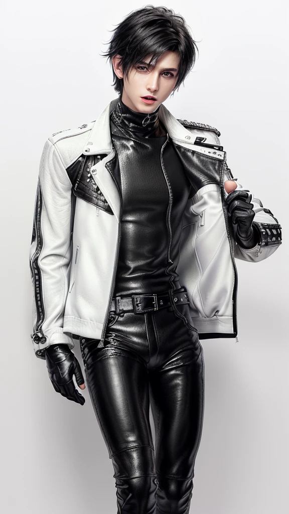 Final fantasy taste and reality graphics, ((Japanese young cute and cool ikemen  boy)), his age is early 20s, thin eyebrows and beady eyes,  ((he wearing off white color leather  thick and heavy material jacket)), ((jacket is singlebrest)), ((biker style jacket)), ((jacket is large size)),((with epaulet)), ((jacket is long sleeve)), ((zipped front of the leather jacket)), , ((voluminous leather jacket)), ,((must jacket is high length and stand-up collar)) ((jacket collar with two belts)), ((jacket is a little black color line pattern)), ((also wearing black thick material turtleneck lackluster shirts)),  ((tight black leather pants)),  ((put black leather tight and thin glove on both hands)), ((black leather knee-high raceup boots)),((must views  head-to-toe)),((must views whole body)), ,((Do not show skin from the neck down)),leather jacket leather glove and leather pants have few wrinkles, Avoid showing your innerwear,zip up jacket fastner.must put on a leather glove.
Boy is black hair.boy looks like fashion model.
