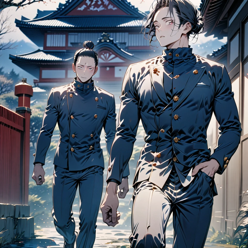 (masterpiece, best quality), intricate details, 1boy, man, black hair, , geto, suguru geto \(jujutsu kaisen\), long black hair partially tied up in a man bun, black eyes, dark blue gakuran jacket, matching pants, male focus, side buttoned jacket, polo neck jacket, slacked pants, , black loafers, japanese castle background, horror scene, upper body, full body shot, no human, high saturated colors.