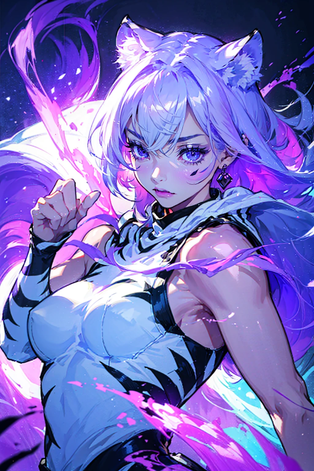 1girl,solo,cool,mysterious,light in the eyes,she is fighter,like a white tiger,white and purple aura,