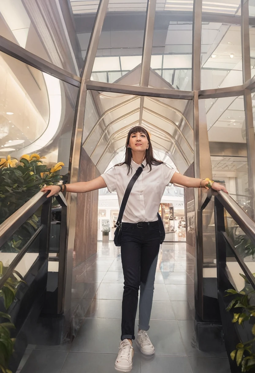 araffe woman standing on a staircase in front of a starbucks sign, standing in a city center, full body photogenic shot, at a mall, taken with canon 8 0 d, standing!!, taken with canon eos 5 d mark iv, in a mall, standing in a restaurant, at college, shot on sony a 7, taken with a canon eos 5 d