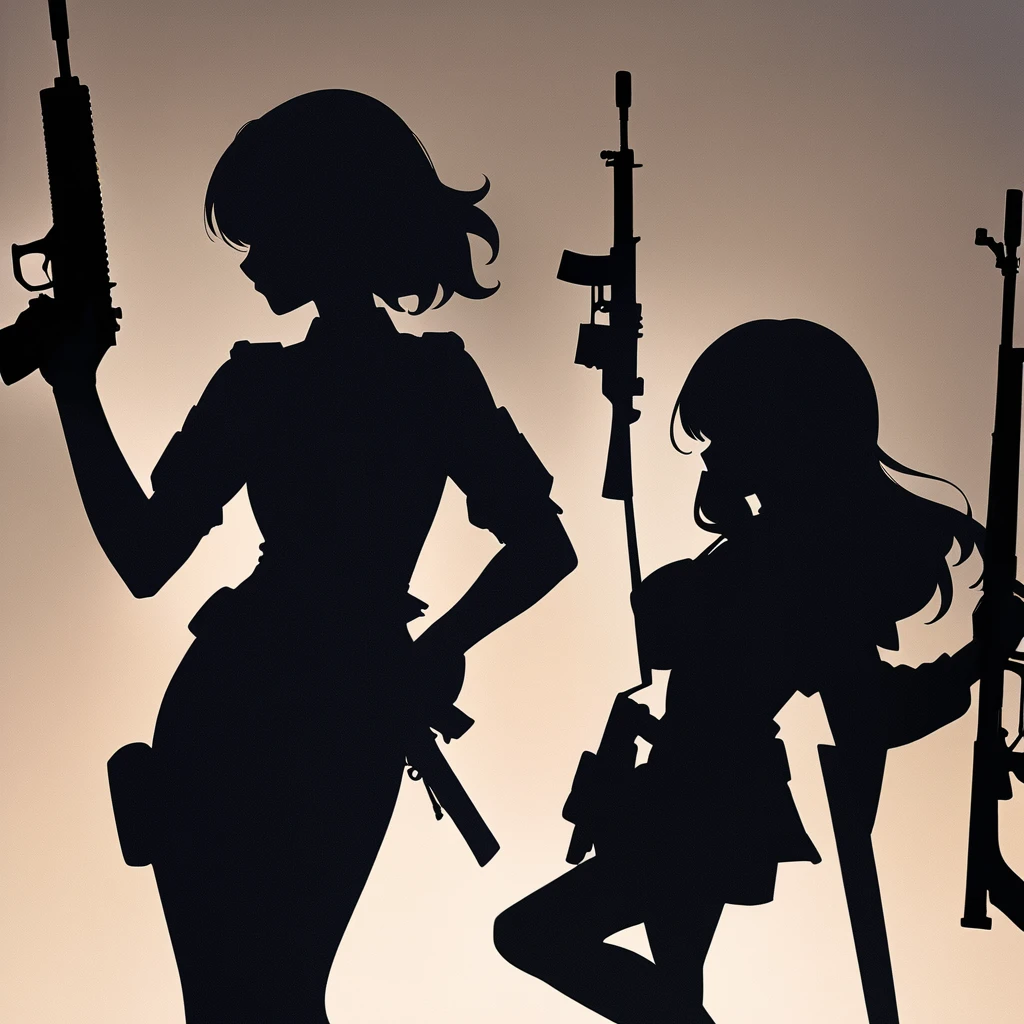 a silhouette of a woman holding two guns and a gun, character silhouette, detailed silhouette, half - body shot, half-body shot, black silhouette, of a sniper girl in war, female lead character, silhouette!!!, female spy, half body shot, silhoutte, carrying a rifle, stylized silhouette, woman silhouette, silhouette :7, siluette