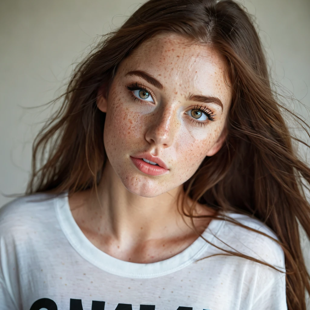 Beautiful woman, realistic eyes, long brown hair, 25 years old, model, full lips, bright freckles, special camera angle,vsexy shirt