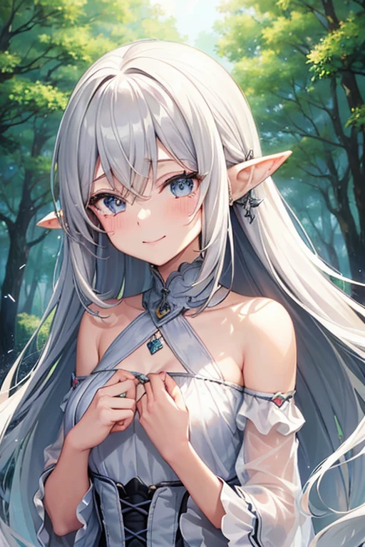 Highest quality, expensive_solve, clear_image, One girl, Gray Hair, Long pointed ears, tears, Minimalist, Fairy,forest,smile, Shoulder size,
Anime Style, 