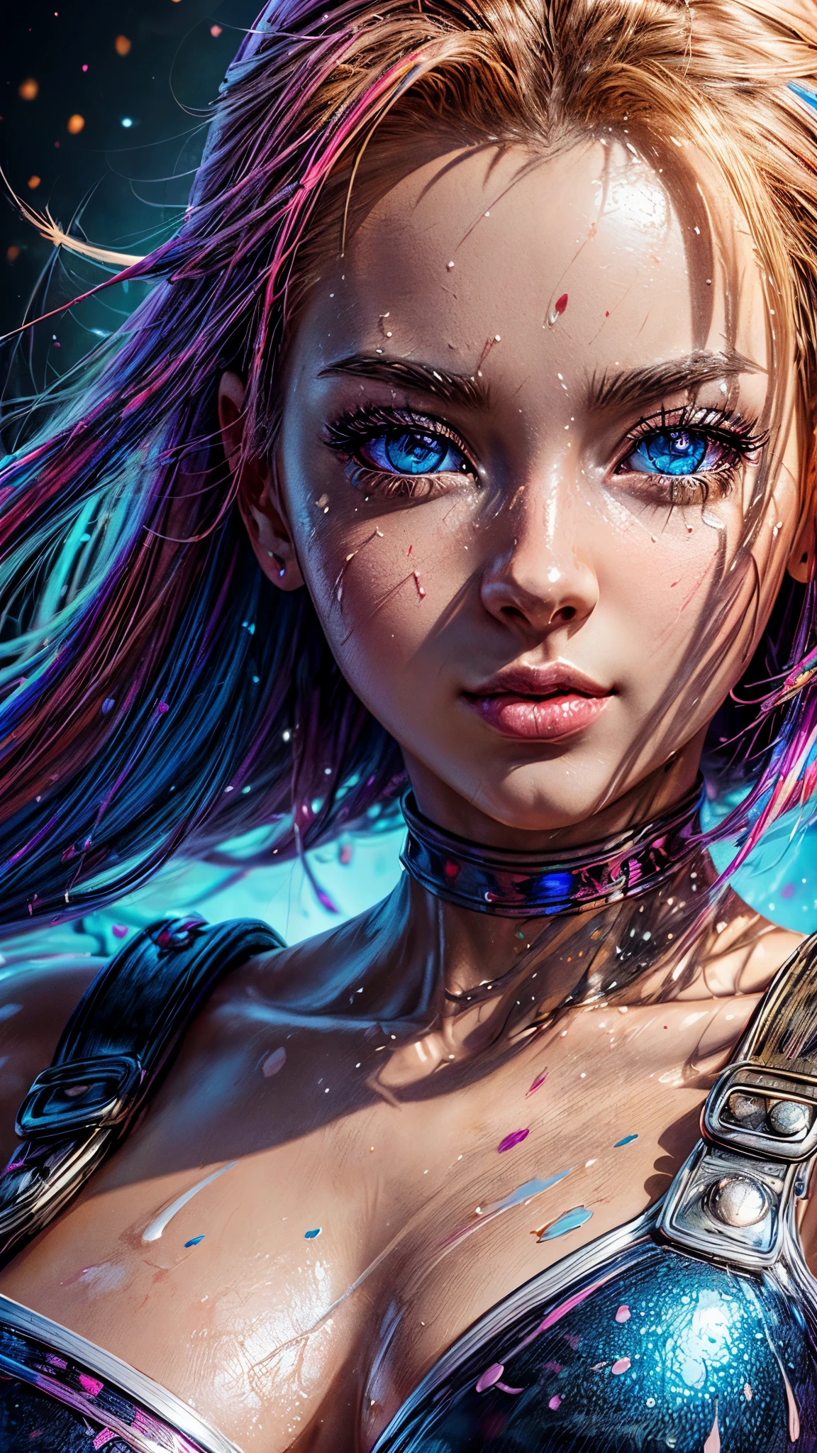 masterpiece, best quality, (extremely detailed CG unity 8k wallpaper, masterpiece, best quality, ultra-detailed, best shadow), (detailed background), (beautiful detailed face, beautiful detailed eyes), High contrast, (best illumination, an extremely delicate and beautiful),1girl,((colourful paint splashes on transparent background, dulux,)), ((caustic)), dynamic angle,beautiful detailed glow,full body, paint splash on face. close up of a woman, , realistic anime 3 d style, android 18, seductive anime girl, anime realism style, attractive anime girl,beautiful alluring anime woman, looking Cammy White,