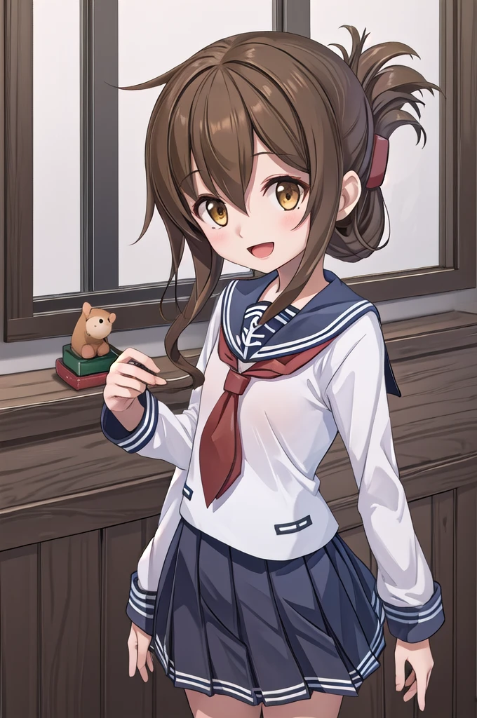 Highest quality, masterpiece, High resolution, alone, {inazuma_Kantai Collection}, brown_hair, Folded_ponytail, brown_eye, length_hair, Open_mouth, smile, School_uniform,skirt,Pleats_skirt,((Flat Chest, Small breasts, Flat Chest)),