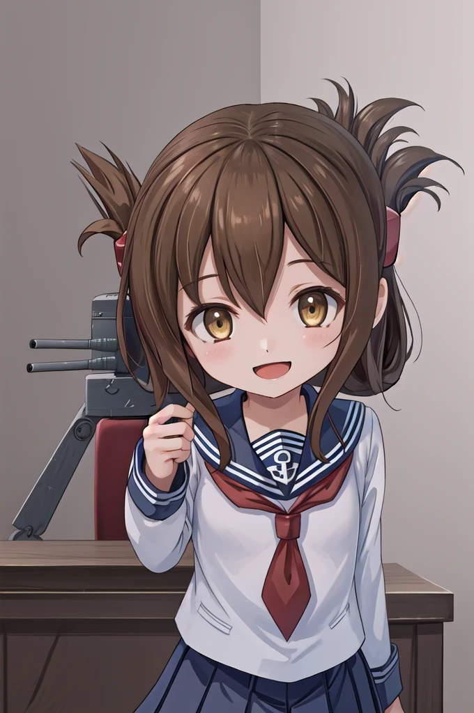 Highest quality, masterpiece, High resolution, alone, {inazuma_Kantai Collection}, brown_hair, Folded_ponytail, brown_eye, length_hair, Open_mouth, smile, School_uniform,skirt,Pleats_skirt,((Flat Chest, Small breasts, Flat Chest)),
