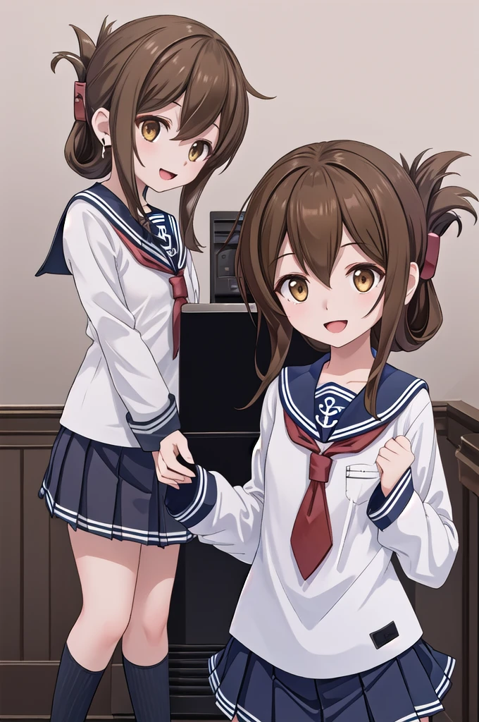 Highest quality, masterpiece, High resolution, alone, {inazuma_Kantai Collection}, brown_hair, Folded_ponytail, brown_eye, length_hair, Open_mouth, smile, School_uniform,skirt,Pleats_skirt,((Flat Chest, Small breasts, Flat Chest)),