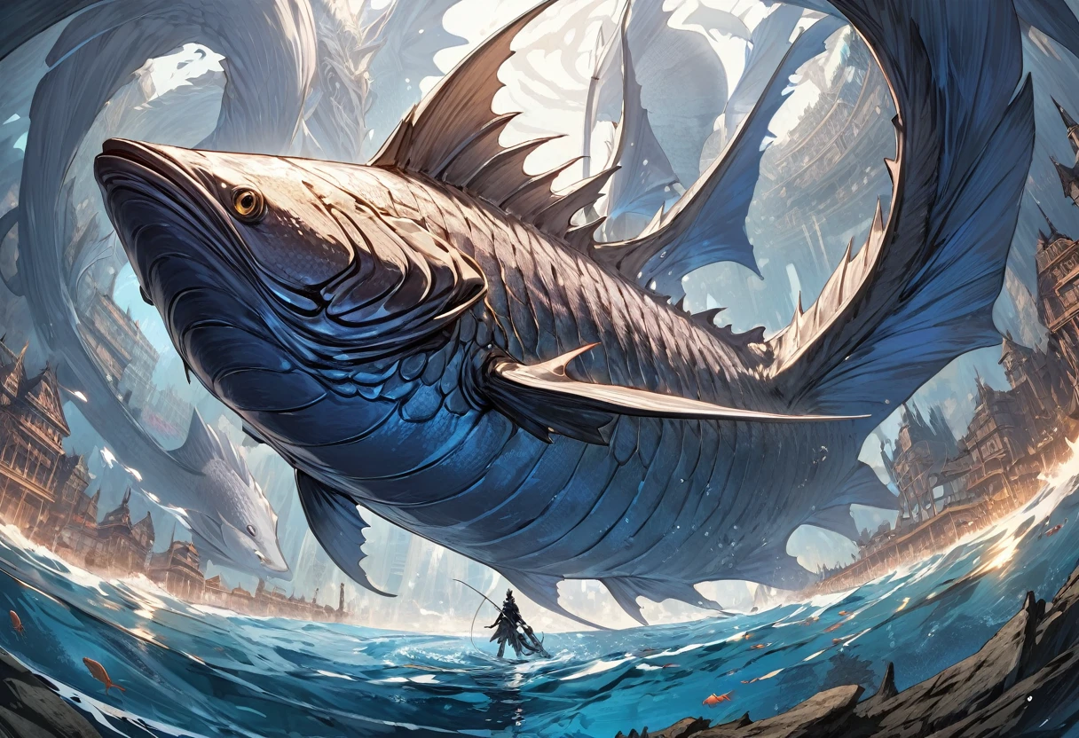 masterpiece, best quality, extremely detailed,,((A very very huge fish)), Bahamut, the fish that supports the world, mythical fish, (mythical pictures,)