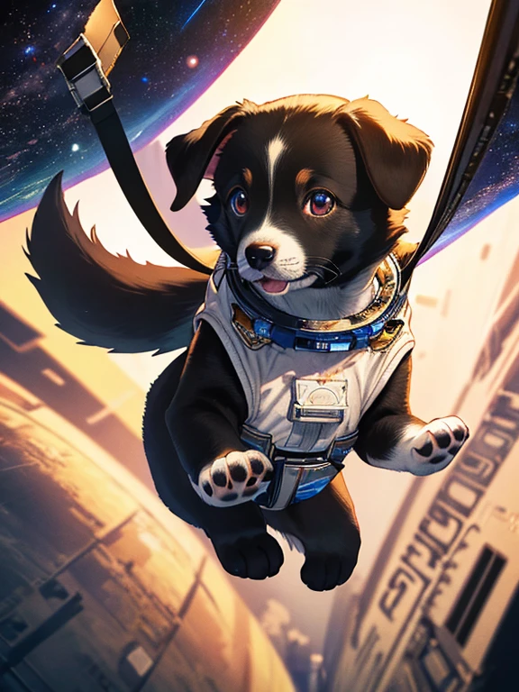 Flying Puppy, Spacewalk, (masterpiece), highest quality, 1girl, uhd, retina, masterpiece, ccurate, anatomically correct, textured skin, super detail, high details, high quality, best quality, highres, 4K