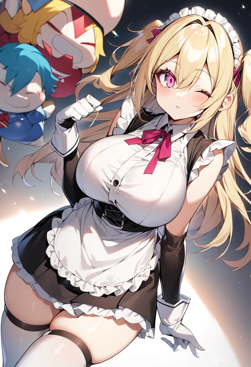 (One girl)、(medium length hair)、(sidelock)、((Blonde))、(slan eyes)、（boyish）、beautiful girl、(Big super breasts)、((Chubby))、Maid、No sleeve、mini skirt、White sleeveless、thigh-high socks thighhighs、(long gloves)、hairs between eyes、(coarse hair)、[flipped hair]、pink eye、expressionless、one eye closed、arm behind back、two side up、White Background、