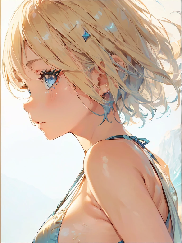 Girl with a depressed face Sideboob Exposure A cute girl in a swimsuit（original bikini swimsuit）(Small body) (Little Girl:1.5), (blonde:1.5）(eyelash:1.2)(eye shadow:1.3) (Blue eyes:1.5), (Beautiful fine details:1.4) (Short Bob Hair:1.4), (Blue eyes)(Big Breasts:1.3) (White skin:1.2)Height: 130cm, original character, Fantasy, View Viewer Art： (A girl with beautiful deep eyes. The depth of field in the photo is perfect、Lens flares create a nice atmosphere. The details of her face really stand out, This photo definitely gets a 10 or more.. background, There is a beautiful sea with crystal clear water and water droplets floating on the surface.　Laughing happily