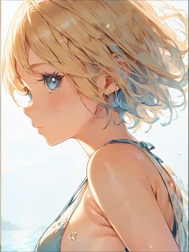 Girl with a depressed face Sideboob Exposure A cute girl in a swimsuit(original bikini swimsuit)(Small body) (Little Girl:1.5), (blonde:1.5)(eyelash:1.2)(eye shadow:1.3) (Blue eyes:1.5), (Beautiful fine details:1.4) (Short Bob Hair:1.4), (Blue eyes)(Big Breasts:1.3) (White skin:1.2)Height: 130cm, original character, Fantasy, View Viewer Art: (A girl with beautiful deep eyes. The depth of field in the photo is perfect、Lens flares create a nice atmosphere. The details of her face really stand out, This photo definitely gets a 10 or more.. background, There is a beautiful sea with crystal clear water and water droplets floating on the surface. Laughing happily
