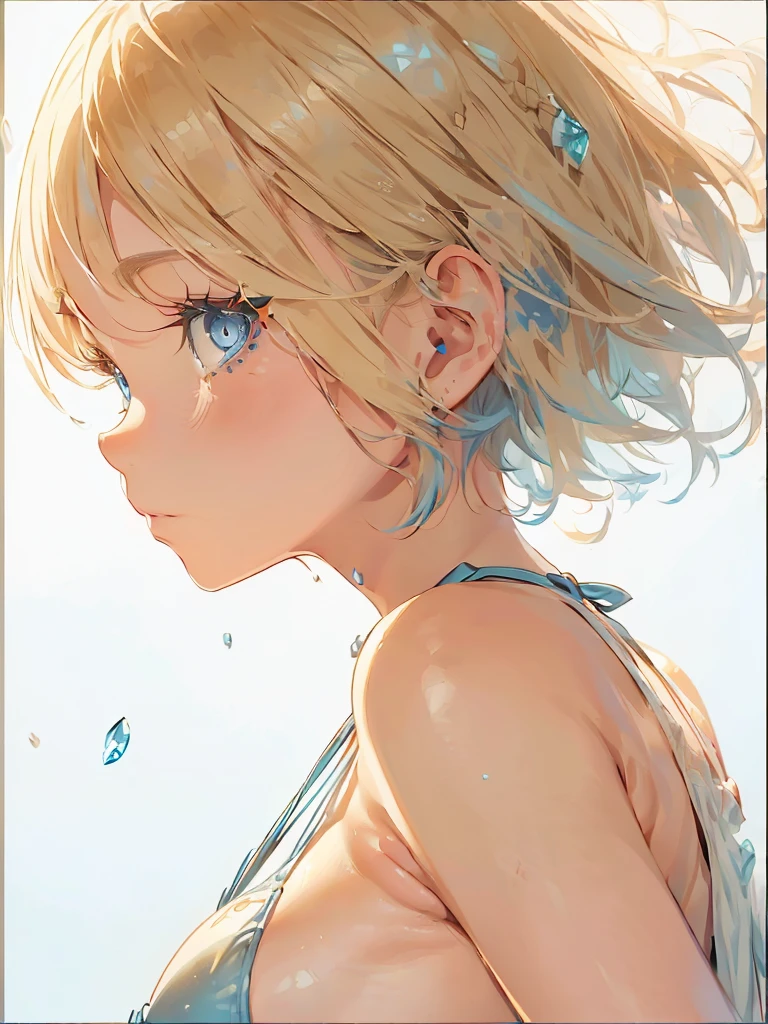 Girl with a depressed face Sideboob Exposure A cute girl in a swimsuit（original bikini swimsuit）(Small body) (Little Girl:1.5), (blonde:1.5）(eyelash:1.2)(eye shadow:1.3) (Blue eyes:1.5), (Beautiful fine details:1.4) (Short Bob Hair:1.4), (Blue eyes)(Big Breasts:1.3) (White skin:1.2)Height: 130cm, original character, Fantasy, View Viewer Art： (A girl with beautiful deep eyes. The depth of field in the photo is perfect、Lens flares create a nice atmosphere. The details of her face really stand out, This photo definitely gets a 10 or more.. background, There is a beautiful sea with crystal clear water and water droplets floating on the surface.　Laughing happily
