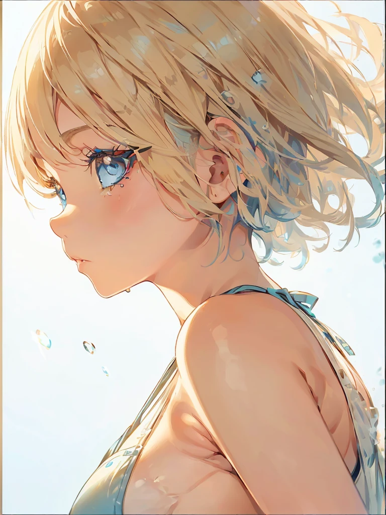 Girl with a depressed face Sideboob Exposure A cute girl in a swimsuit（original bikini swimsuit）(Small body) (Little Girl:1.5), (blonde:1.5）(eyelash:1.2)(eye shadow:1.3) (Blue eyes:1.5), (Beautiful fine details:1.4) (Short Bob Hair:1.4), (Blue eyes)(Big Breasts:1.3) (White skin:1.2)Height: 130cm, original character, Fantasy, View Viewer Art： (A girl with beautiful deep eyes. The depth of field in the photo is perfect、Lens flares create a nice atmosphere. The details of her face really stand out, This photo definitely gets a 10 or more.. background, There is a beautiful sea with crystal clear water and water droplets floating on the surface.　Laughing happily