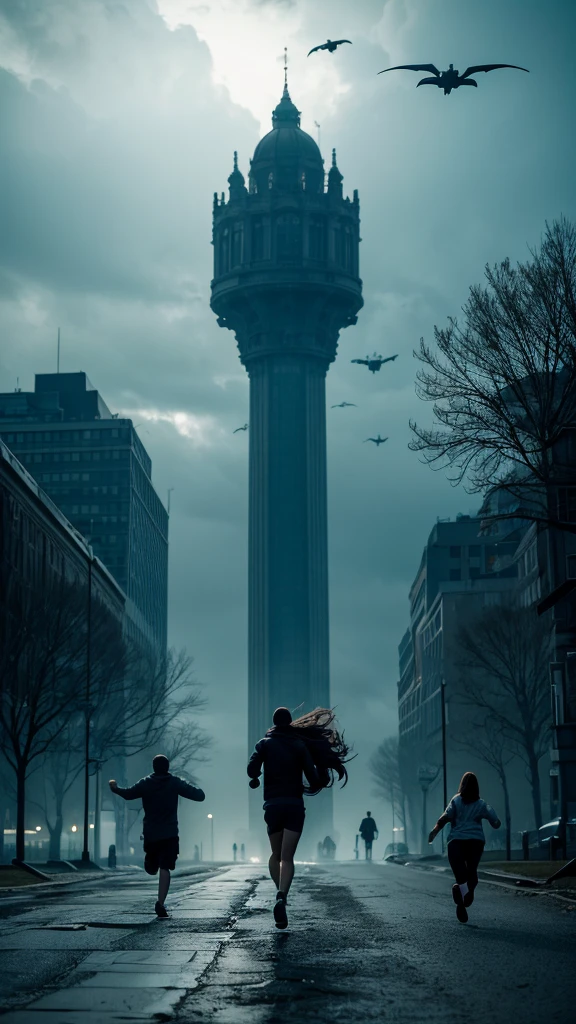 People running away from eerie creatures floating in the sky.