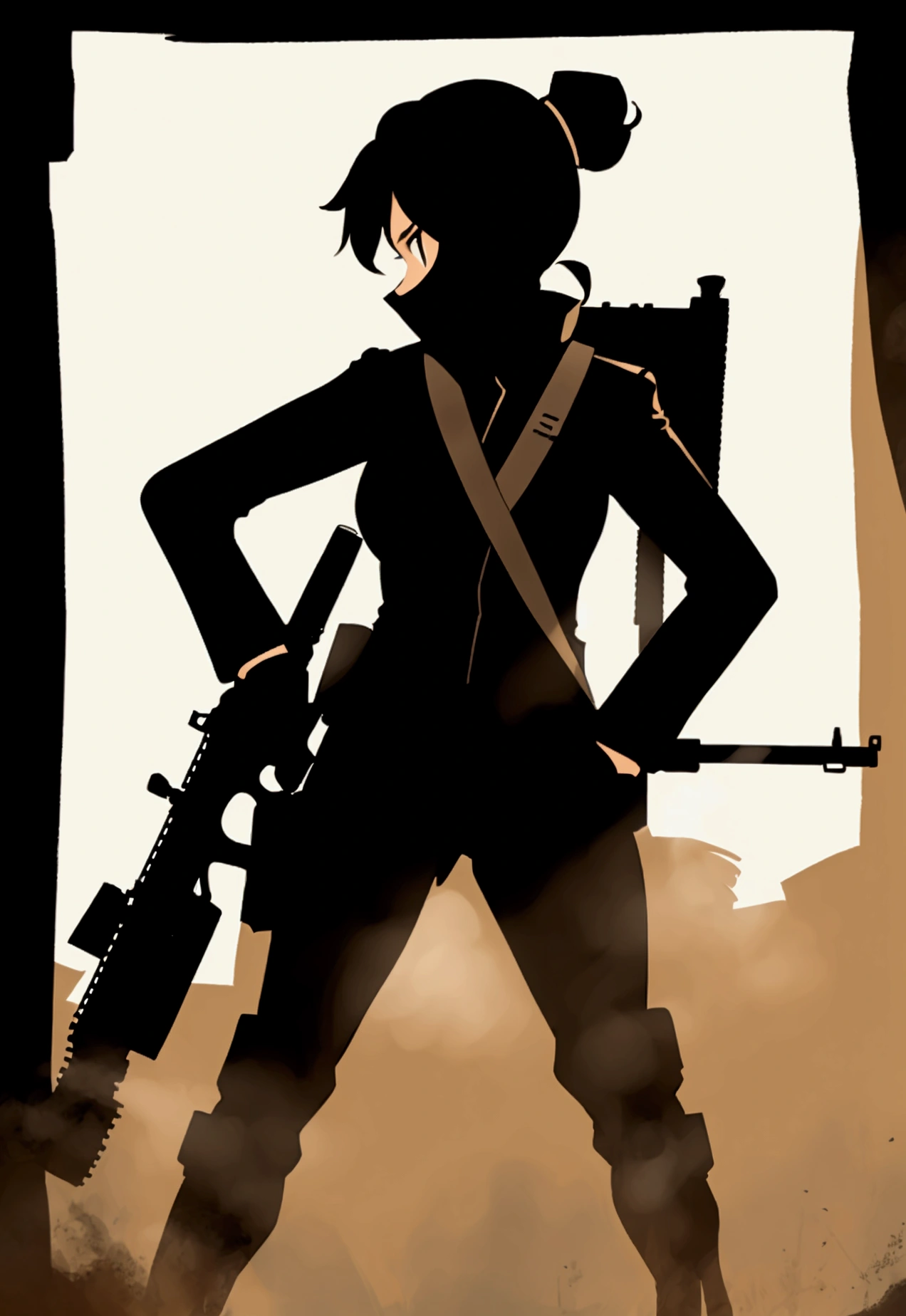 a silhouette of a woman holding two guns and a gun, character silhouette, detailed silhouette, half - body shot, half-body shot, black silhouette, of a sniper girl in war, female lead character, silhouette!!!, female spy, half body shot, silhoutte, carrying a rifle, stylized silhouette, woman silhouette, silhouette :7, siluette