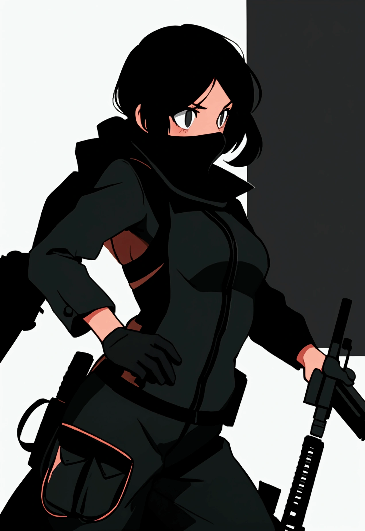 a silhouette of a woman holding two guns and a gun, character silhouette, detailed silhouette, half - body shot, half-body shot, black silhouette, of a sniper girl in war, female lead character, silhouette!!!, female spy, half body shot, silhoutte, carrying a rifle, stylized silhouette, woman silhouette, silhouette :7, siluette