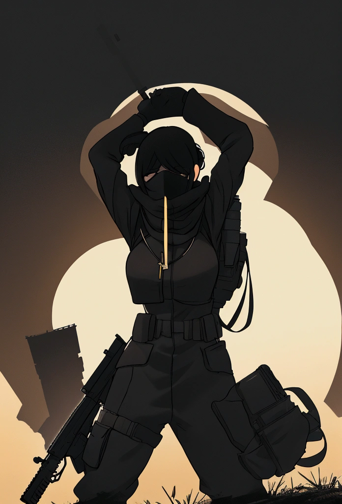 a silhouette of a woman holding two guns and a gun, character silhouette, detailed silhouette, half - body shot, half-body shot, black silhouette, of a sniper girl in war, female lead character, silhouette!!!, female spy, half body shot, silhoutte, carrying a rifle, stylized silhouette, woman silhouette, silhouette :7, siluette