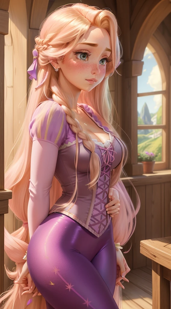 (RapunzelWaifu: 1.2), masterpiece, perfect lighting, cinematic lighting, adult, rapunzel, freckles, blush, solo, purple leggings, pink blonde, very long hair, more definition, busty, embarrassed expression, blushing, cleavage, seductive