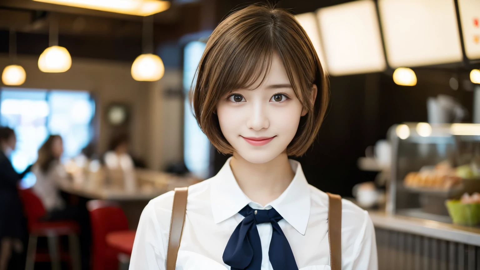super high quality, Fashion Model, smile, Slenderのネックレス, Slender, The staff is working at the counter in the back., (8k、RAW Photos、Highest quality、masterpiece:1.2), Japanese Idol, Stylish café, (Realistic、Photorealistic:1.37), Mesh Hair, Urban Cafe, Golden Ratio, Raw photo, Cute face , Light Brown Hair, Small breasts, Bright cafe interior, Blurred Background, Summer clothes, Beautiful hairstyle, Photographed inside the cafe, Hair blowing in the wind, Very Short Hair, 18-year-old, Stewardess uniform, 
