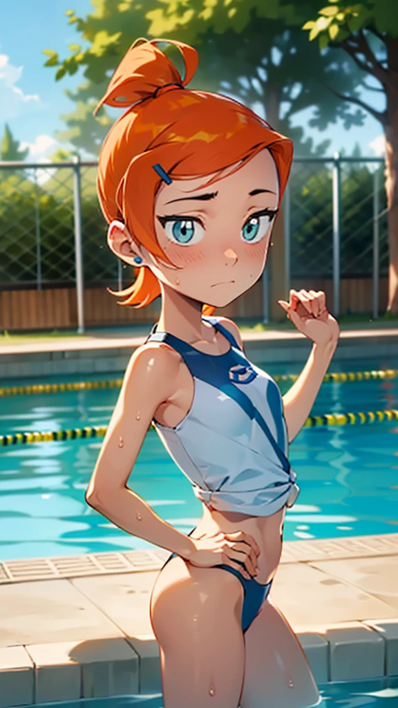 1 girl, masterpiece, best quality, highres, ro1, Misty from pokemon, hair bun, blue eyes, perfect body, small ponytail on the side, standing, hand on hip, embarrassed expression, (sparkle:1.1), orange hair, medium breasts, 3/4 body view, outdoors, swimming pool