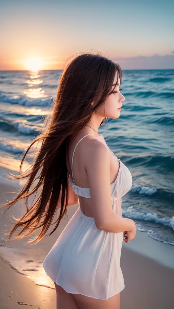 ((最high quality)), Like a photograph,high quality, 8k resolution",Beautiful 19 year old girl,summer,The girl sways beautifully in the sea breeze,graceful hair,sad,Are crying,profile,Ocean view,night,Coastal Cafe,((Elegant fashion))
