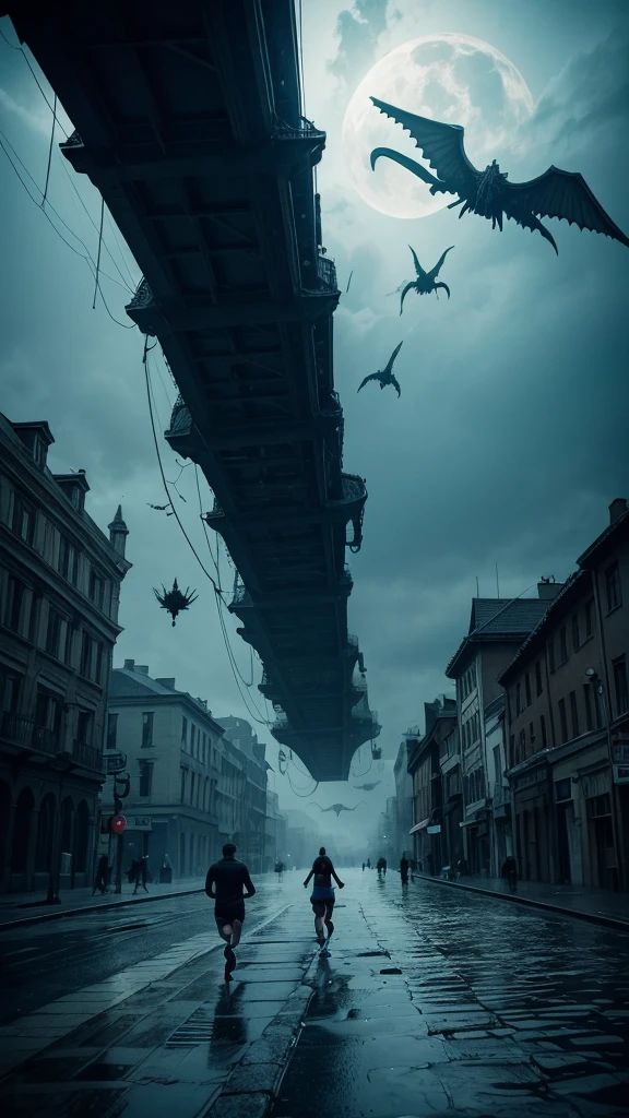 People running away from eerie creatures floating in the sky.