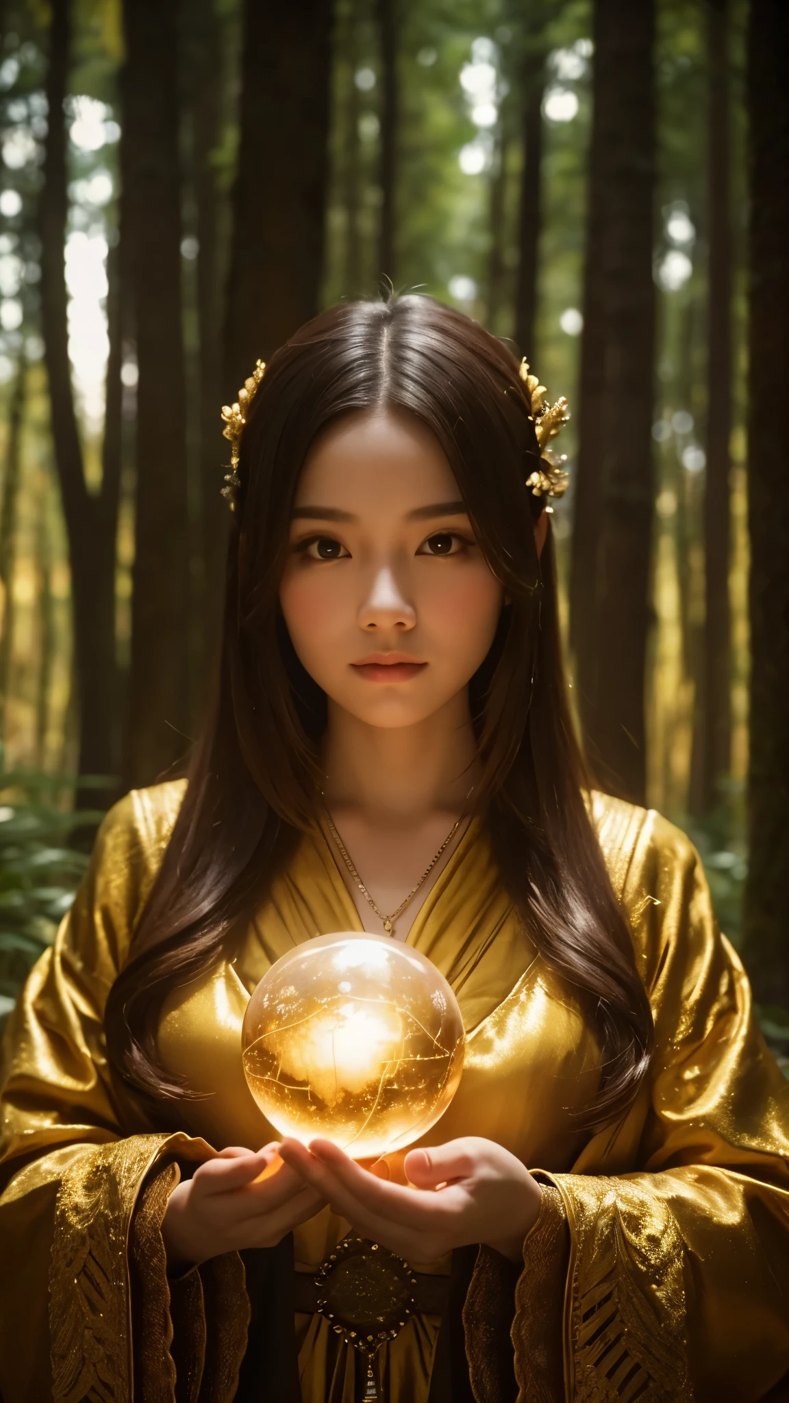 A mysterious forest shining in golden light,Detailed,Background blur, Fortune teller using a crystal ball,Larger image from the front,Mysterious woman,