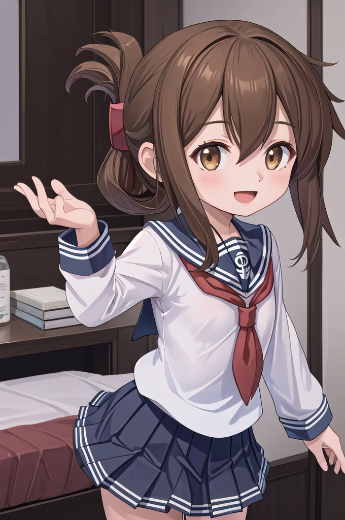 Highest quality, masterpiece, High resolution, alone, {inazuma_Kantai Collection}, brown_hair, Folded_ponytail, brown_eye, length_hair, Open_mouth, smile, School_uniform,skirt,Pleats_skirt,((Flat Chest, Small breasts, Flat Chest)),