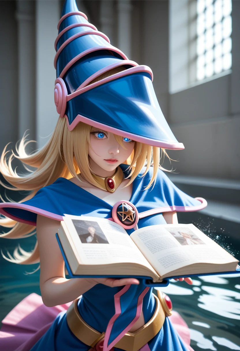 dark magician girl, masterpiece, best quality, (1 Girl), Solitary, (water), Long hair, Blonde Hair, Blue headdress, Wizard Hat, Spellcasting, castle, castle:2, Motion Blur, Book, magic, (moonlight:1.2), Chromatic Aberration, Depth of Field, Soft lighting, The face is rich in detail, Very detailed eyes, 