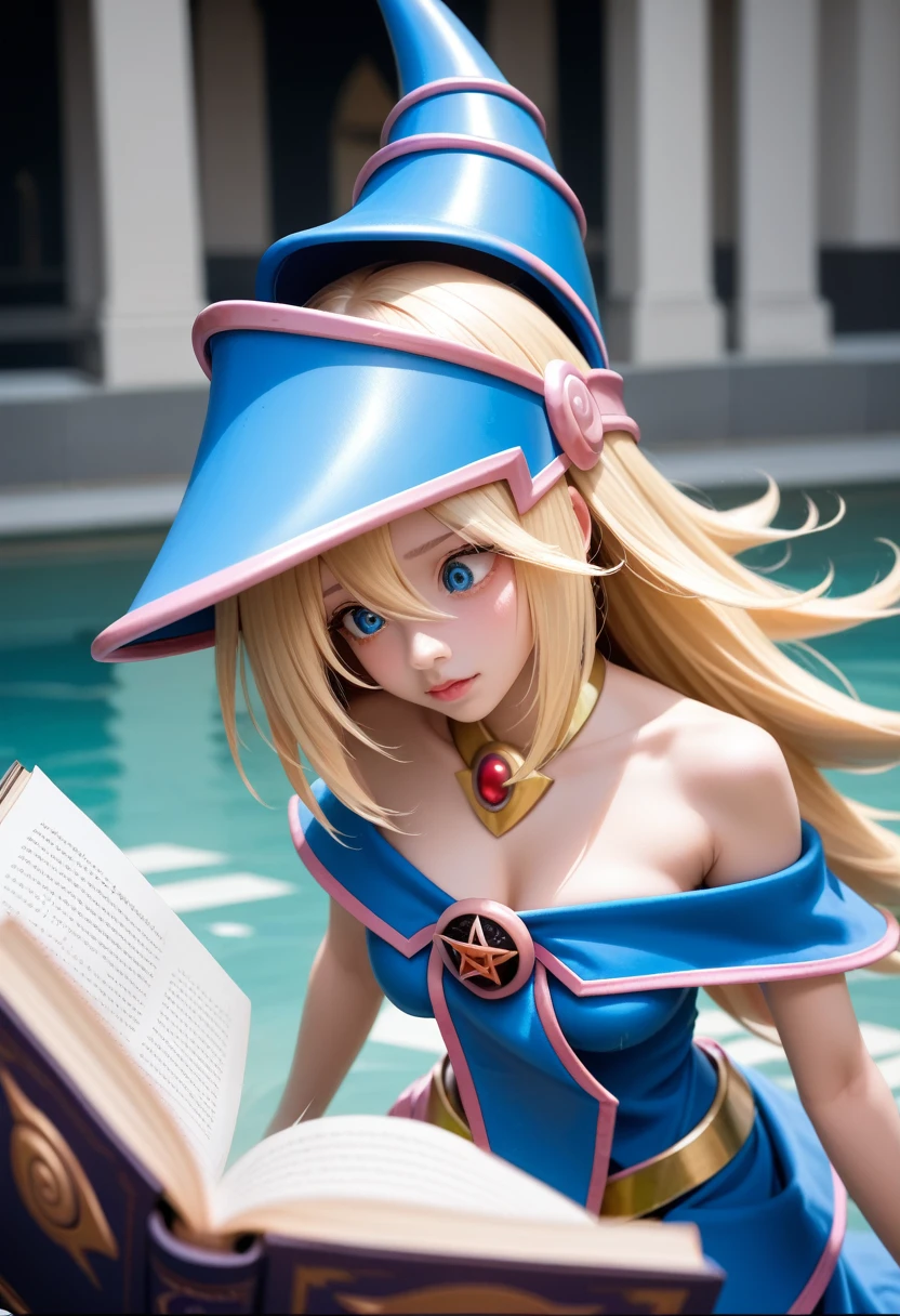 dark magician girl, masterpiece, best quality, (1 Girl), Solitary, (water), Long hair, Blonde Hair, Blue headdress, Wizard Hat, Spellcasting, castle, castle:2, Motion Blur, Book, magic, (moonlight:1.2), Chromatic Aberration, Depth of Field, Soft lighting, The face is rich in detail, Very detailed eyes,