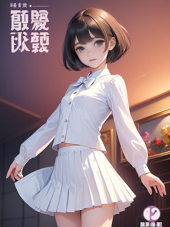 (masterpiece、Highest quality:1.7)、(:1.5)、(Full body shot:1.7)、((Bobcut、Black Hair))、85mm、16K、Official Art、RAW Photos、Best Beautiful Faces、Close-up、Violet、Gardenia、((The best beautiful girl、very cute))、Red blush on cheeks、((indoor))、(Are standing:1.8)、Film Grain、Chromatic Aberration、Sharp Focus、(((Nice hands、Perfect hands、Perfect Fingers、Thin and delicate fingers、A perfect body without flaws)))、Detailed face、(Slender body:1.5)、(Slender body:1.1)、(Slim upper body:1.1)、(Small and flat bust:1.7)、(Narrow thighs:1.3)、(One leg raised:1.5)、(Let your bangs hang down:1.8)、(Blushing:1.8)、(Low contrast lighting:1.4)、(襟t付きのwhiteタイトビジネスブラウス:1.5)、((white)Bowtie blouse:1.5)、(Long sleeve: 1.4)、(Very short length(white)Pleated mini skirt:1.8)、(Cover your chest with your palms:1.7),(The wind is blowing up her skirt:1.8),(Low angle from below:1.8)
