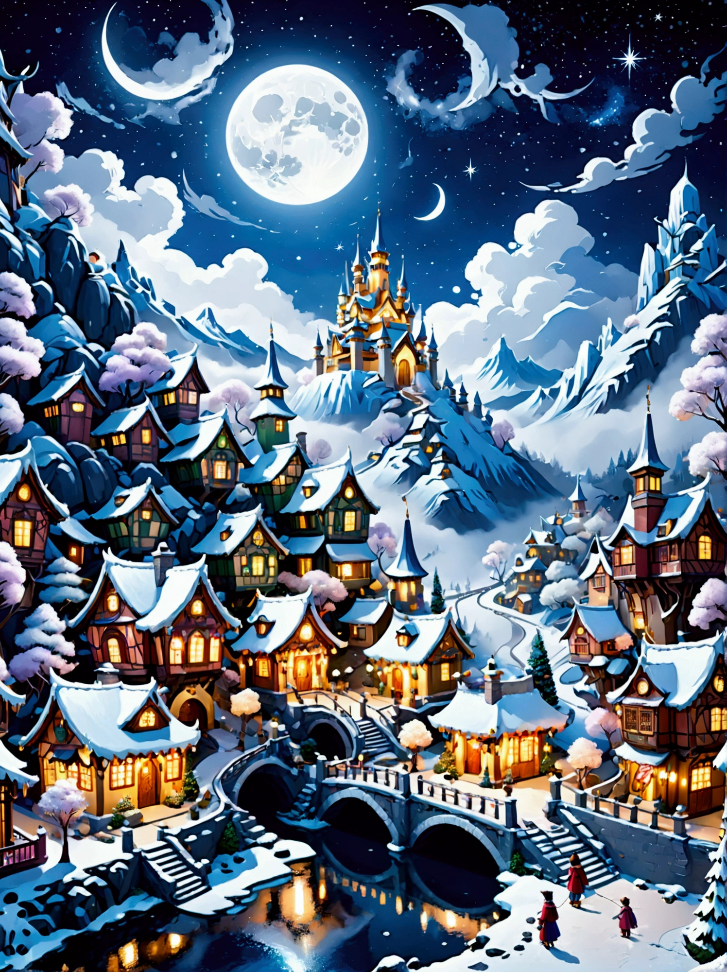 (masterpiece), (Super detailed:1.3), Best quality, (Shiny:1.2), (A winter wonderland village in fantasy and mythology:1.4), (Van Gogh style wonderland architecture：1.5), (The moon is empty), (Fresh，cold，Mountains，White mist，illusory，broad，bamboo forest，Frost Flower，diamond，breeze，Bamboo Leaves，Heaven，lake，ice，Lingzhi，ancient，pavilion，mural，Ride the clouds，sacred，peaceful，peaceful，extraordinary，beauty，peaceful，detail，energy，Pleasure，isolated，Treasure，nature，magic，creativity), Illustration style and decoration，Winter wonderland，Cute design style，night，Snowfield，Full Moon，Vivid colors，(Weird and charming fantasy), Hyperreal Portraits，(Fantasy-themed winter), (A strange wonderland), (Rich多彩，Landscape full of candy), (charming，magic的生物), (One full of energy，Palace surrounded by fog), (White Cloud Road), (Fairyland castle in the distance), (Like a mirror，不对称的masterpiece钟表配件), (Rich，Fantastical colors), (Twinkling Stars), promote，(four dimensional dream), (迷人charming氛围), (Playful composition), (生动的Light and shadow effects), 1.4 times more realistic，超High Definition，展现在这个beauty的场景中，(Very detailed，Reasonable design，Clear lines，High Definition，masterpiece，Official Art，Light and shadow effects，8k)