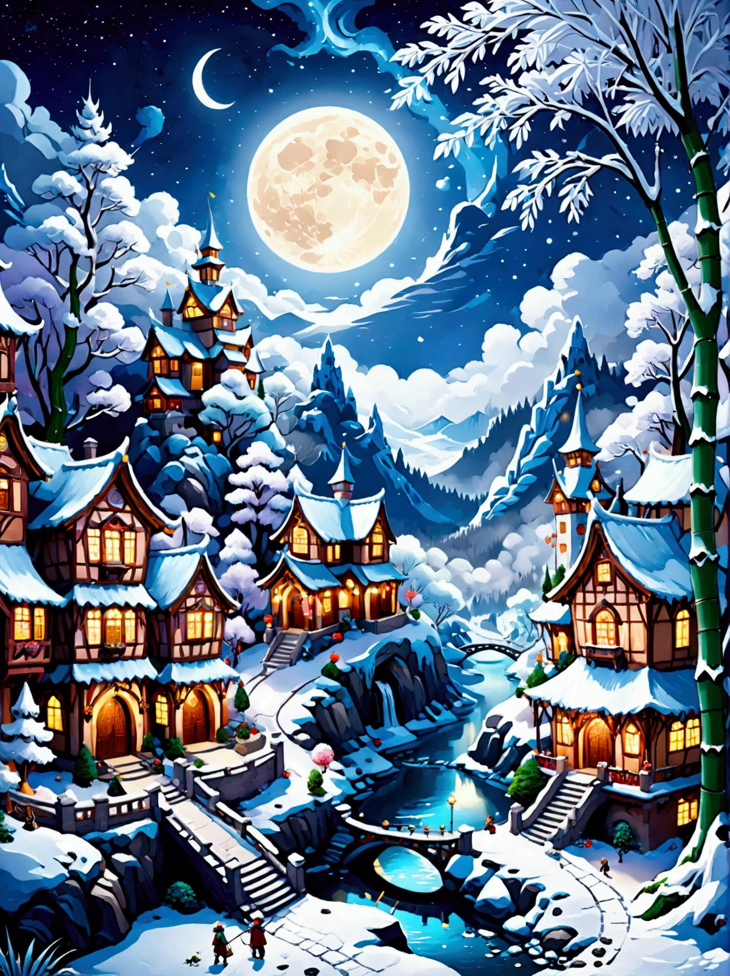 (masterpiece), (Super detailed:1.3), Best quality, (Shiny:1.2), (A winter wonderland village in fantasy and mythology:1.4), (Van Gogh style wonderland architecture：1.5), (The moon is empty), (Fresh，cold，Mountains，White mist，illusory，broad，bamboo forest，Frost Flower，diamond，breeze，Bamboo Leaves，Heaven，lake，ice，Lingzhi，ancient，pavilion，mural，Ride the clouds，sacred，peaceful，peaceful，extraordinary，beauty，peaceful，detail，energy，Pleasure，isolated，Treasure，nature，magic，creativity), Illustration style and decoration，Winter wonderland，Cute design style，night，Snowfield，Full Moon，Vivid colors，(Weird and charming fantasy), Hyperreal Portraits，(Fantasy-themed winter), (A strange wonderland), (Rich多彩，Landscape full of candy), (charming，magic的生物), (One full of energy，Palace surrounded by fog), (White Cloud Road), (Fairyland castle in the distance), (Like a mirror，不对称的masterpiece钟表配件), (Rich，Fantastical colors), (Twinkling Stars), promote，(four dimensional dream), (迷人charming氛围), (Playful composition), (生动的Light and shadow effects), 1.4 times more realistic，超High Definition，展现在这个beauty的场景中，(Very detailed，Reasonable design，Clear lines，High Definition，masterpiece，Official Art，Light and shadow effects，8k)