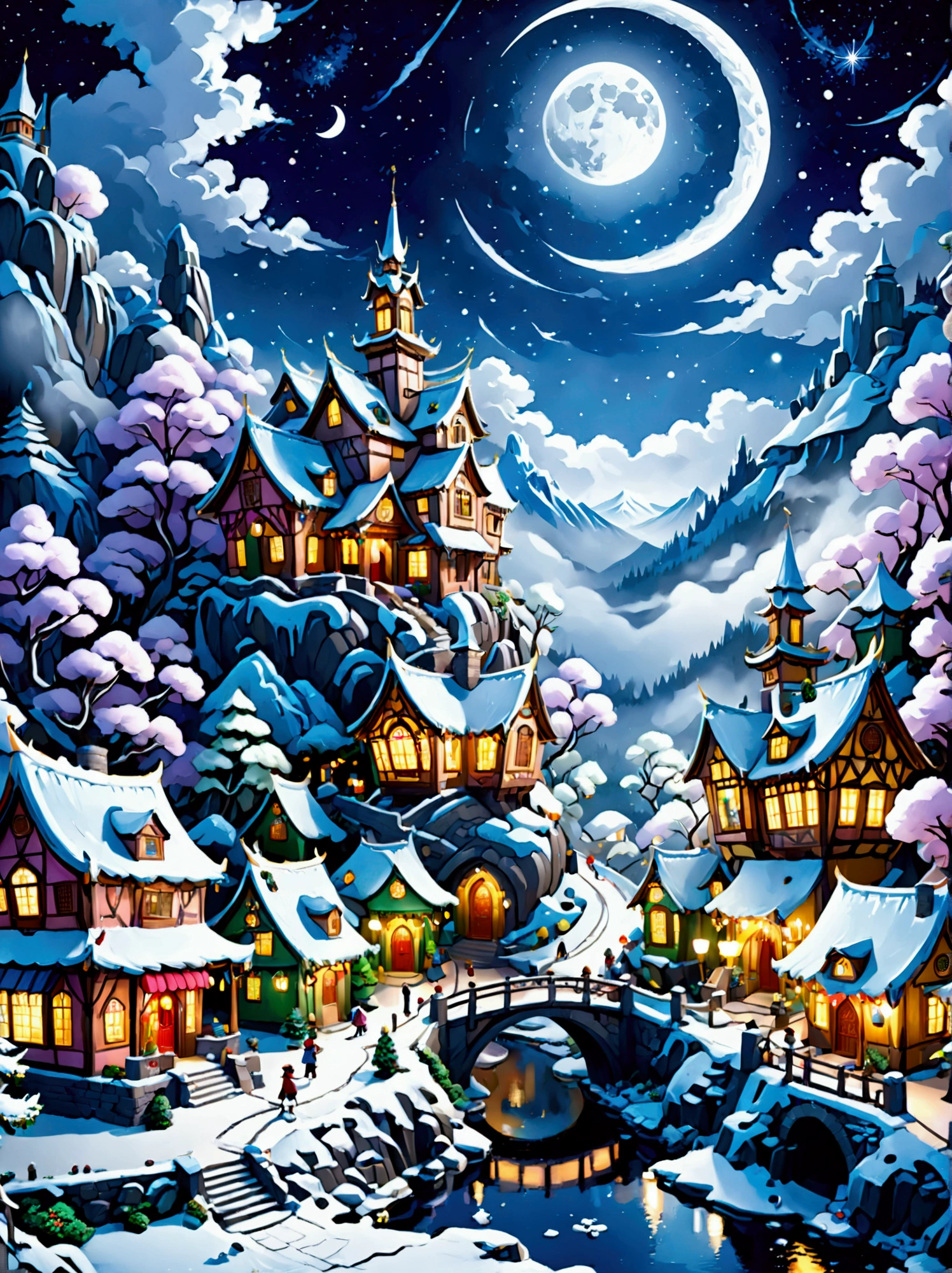 (masterpiece), (Super detailed:1.3), Best quality, (Shiny:1.2), (A winter wonderland village in fantasy and mythology:1.4), (Van Gogh style wonderland architecture：1.5), (The moon is empty), (Fresh，cold，Mountains，White mist，illusory，broad，bamboo forest，Frost Flower，diamond，breeze，Bamboo Leaves，Heaven，lake，ice，Lingzhi，ancient，pavilion，mural，Ride the clouds，sacred，peaceful，peaceful，extraordinary，beauty，peaceful，detail，energy，Pleasure，isolated，Treasure，nature，magic，creativity), Illustration style and decoration，Winter wonderland，Cute design style，night，Snowfield，Full Moon，Vivid colors，(Weird and charming fantasy), Hyperreal Portraits，(Fantasy-themed winter), (A strange wonderland), (Rich多彩，Landscape full of candy), (charming，magic的生物), (One full of energy，Palace surrounded by fog), (White Cloud Road), (Fairyland castle in the distance), (Like a mirror，不对称的masterpiece钟表配件), (Rich，Fantastical colors), (Twinkling Stars), promote，(four dimensional dream), (迷人charming氛围), (Playful composition), (生动的Light and shadow effects), 1.4 times more realistic，超High Definition，展现在这个beauty的场景中，(Very detailed，Reasonable design，Clear lines，High Definition，masterpiece，Official Art，Light and shadow effects，8k)