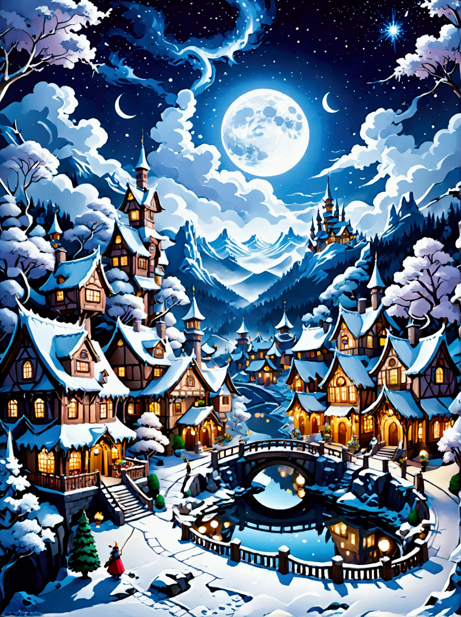 (masterpiece), (Super detailed:1.3), Best quality, (Shiny:1.2), (A winter wonderland village in fantasy and mythology:1.4), (Van Gogh style wonderland architecture：1.5), (The moon is empty), (Fresh，cold，Mountains，White mist，illusory，broad，bamboo forest，Frost Flower，diamond，breeze，Bamboo Leaves，Heaven，lake，ice，Lingzhi，ancient，pavilion，mural，Ride the clouds，sacred，peaceful，peaceful，extraordinary，beauty，peaceful，detail，energy，Pleasure，isolated，Treasure，nature，magic，creativity), Illustration style and decoration，Winter wonderland，Cute design style，night，Snowfield，Full Moon，Vivid colors，(Weird and charming fantasy), Hyperreal Portraits，(Fantasy-themed winter), (A strange wonderland), (Rich多彩，Landscape full of candy), (charming，magic的生物), (One full of energy，Palace surrounded by fog), (White Cloud Road), (Fairyland castle in the distance), (Like a mirror，不对称的masterpiece钟表配件), (Rich，Fantastical colors), (Twinkling Stars), promote，(four dimensional dream), (迷人charming氛围), (Playful composition), (生动的Light and shadow effects), 1.4 times more realistic，超High Definition，展现在这个beauty的场景中，(Very detailed，Reasonable design，Clear lines，High Definition，masterpiece，Official Art，Light and shadow effects，8k)