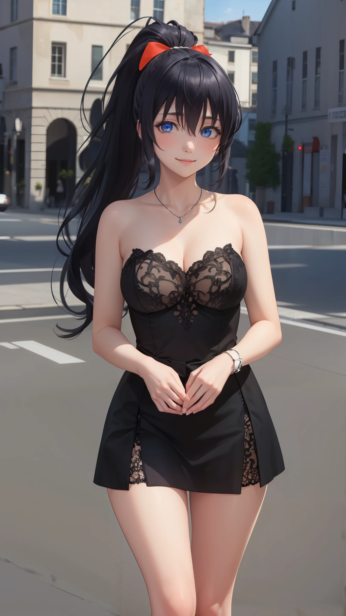 HimejimaAkeno, 1girl, closed mouth, smile, blush, black hair, long hair, purple eyes, ponytail, red ribbon,
BREAK (Black dress for a ball dance:1.2)
BREAK standing, looking at viewer, outdoors, castle,
BREAK (masterpiece:1.2), best quality, high resolution, unity 8k wallpaper, (illustration:0.8), (beautiful detailed eyes:1.6), extremely detailed face, perfect lighting, extremely detailed CG, (perfect hands, perfect anatomy),