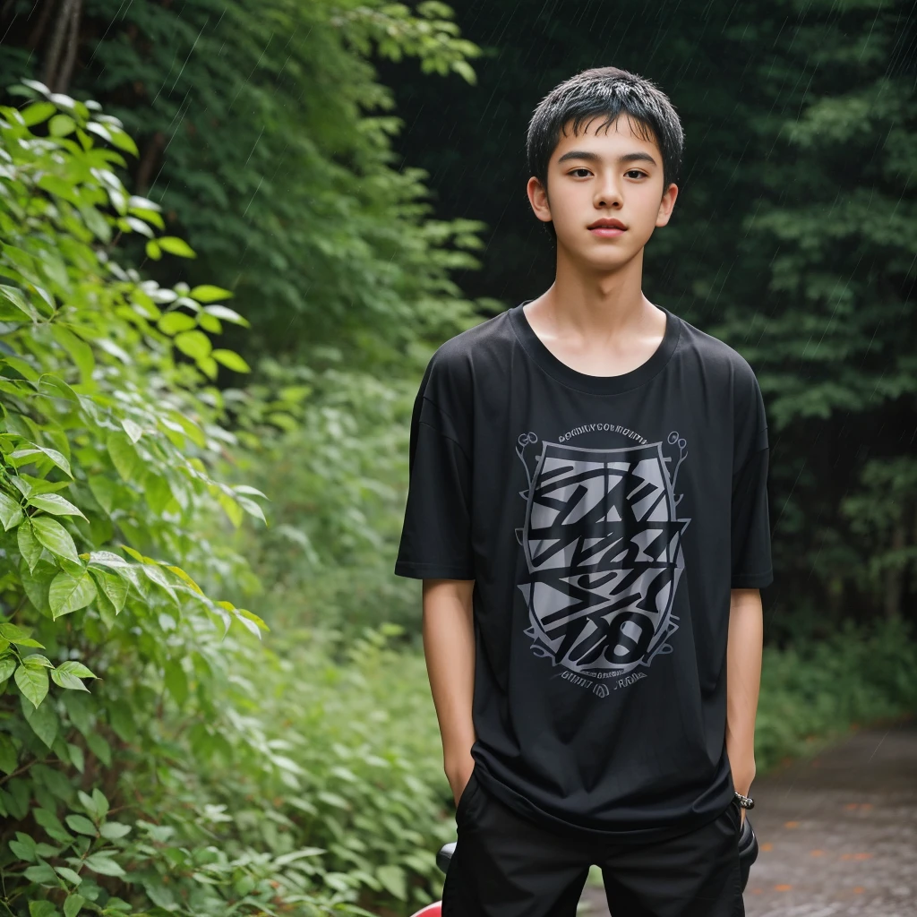 there is a young boy standing in the rain with a skateboard, male ager, teenboy, he is wearing a black t-shirt, raining portrait, in front of a forest background, mid shot portrait, potrait, tommy 1 8 years e picture 1024px, young man with short, portrait shot 8 k, teen boy, portait i