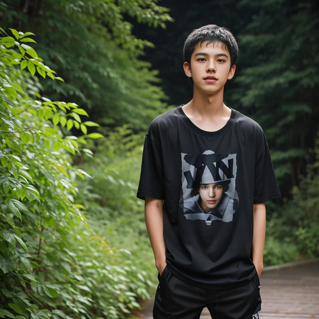 there is a young boy standing in the rain with a skateboard, male teenager, teenage boy, he is wearing a black t-shirt, raining portrait, in front of a forest background, mid shot portrait, potrait, tommy 1 8 years old, profile picture 1024px, young man with short, portrait shot 8 k, teen boy, portait image
