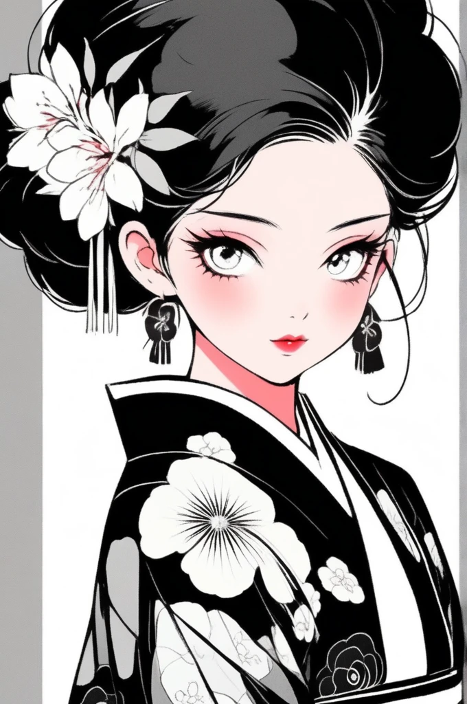(best quality, sketch:1.2),Practical,ilustrador,Japanese cartoons,1 girl, Detailed lips, kimono,Entertainment, black and white gradient background,Neon hair,Texture cropping, masterpiece, The style is vintage, Deep Black