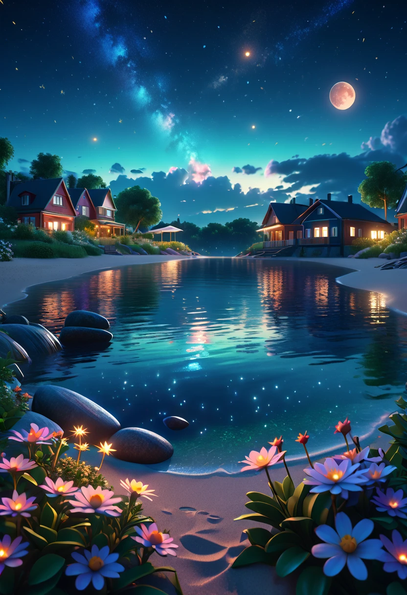 a high quality professional photo of summer nights, hyper detailed, 8k resolution, inspired by the style of Otto Pilny, realistic, scenic artwork, night landscape, vibrant colors, intricate details, stars in the sky, serene atmosphere, peaceful setting, digital art, trending on artstation, cinematic, high detail, octane render, 8k.