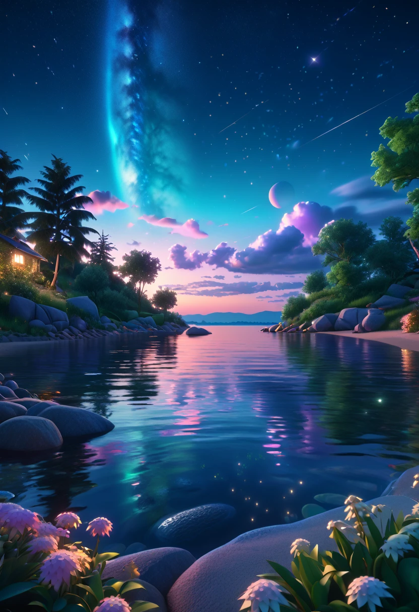 a high quality professional photo of summer nights, hyper detailed, 8k resolution, inspired by the style of Otto Pilny, realistic, scenic artwork, night landscape, vibrant colors, intricate details, stars in the sky, serene atmosphere, peaceful setting, digital art, trending on artstation, cinematic, high detail, octane render, 8k.