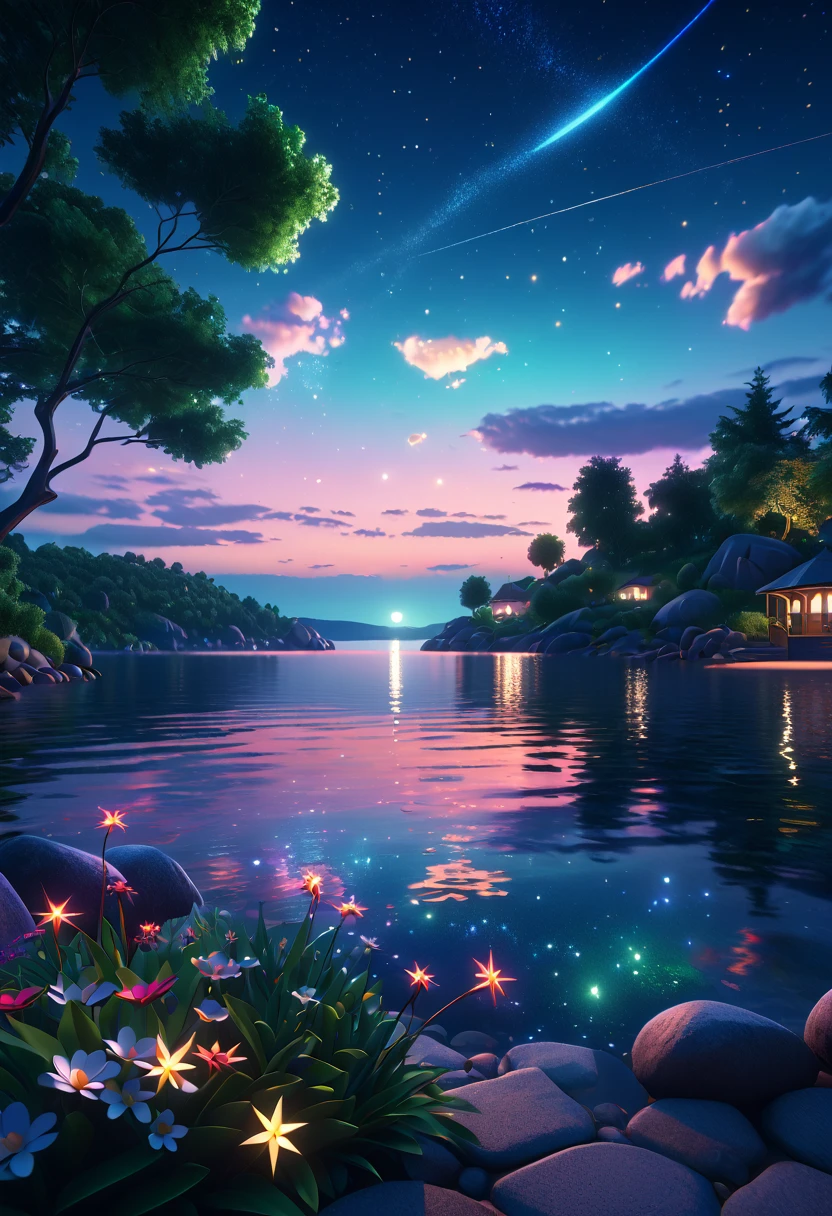 a high quality professional photo of summer nights, hyper detailed, 8k resolution, inspired by the style of Otto Pilny, realistic, scenic artwork, night landscape, vibrant colors, intricate details, stars in the sky, serene atmosphere, peaceful setting, digital art, trending on artstation, cinematic, high detail, octane render, 8k.