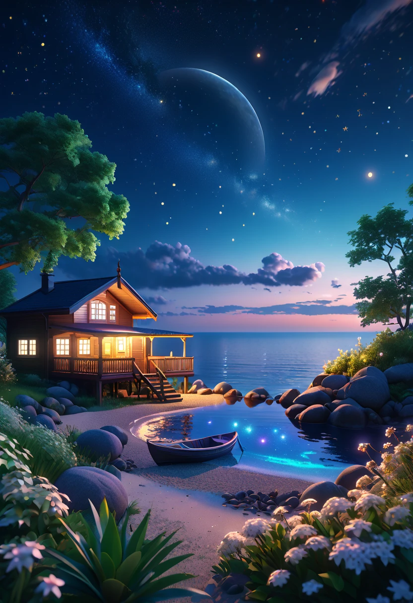 a high quality professional photo of summer nights, hyper detailed, 8k resolution, inspired by the style of Otto Pilny, realistic, scenic artwork, night landscape, vibrant colors, intricate details, stars in the sky, serene atmosphere, peaceful setting, digital art, trending on artstation, cinematic, high detail, octane render, 8k.