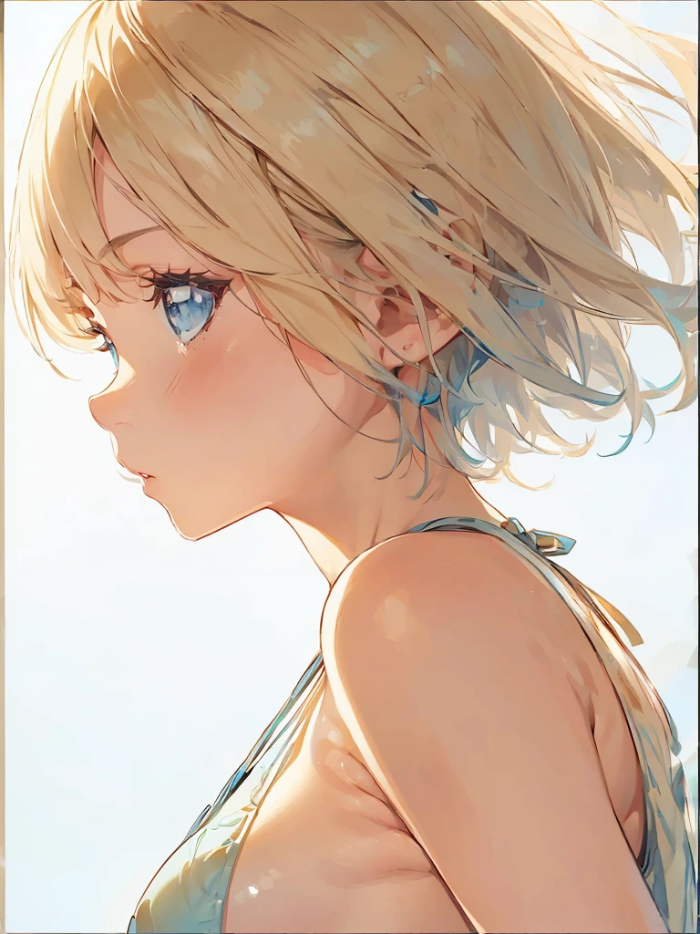 Girl with a depressed face Sideboob Exposure A cute girl in a swimsuit（original bikini swimsuit）(Small body) (:1.5), (blonde:1.5）(eyelash:1.2)(eye shadow:1.3) (Blue eyes:1.5), (Beautiful fine details:1.4) (Short Bob Hair:1.4), (Blue eyes)(Big Breasts:1.3) (White skin:1.2)Height: 130cm, original character, Fantasy, View Viewer Art： (A girl with beautiful deep eyes. The depth of field in the photo is perfect、Lens flares create a nice atmosphere. The details of her face really stand out, This photo definitely gets a 10 or more.. background, There is a beautiful sea with crystal clear water and water droplets floating on the surface.　Laughing happily