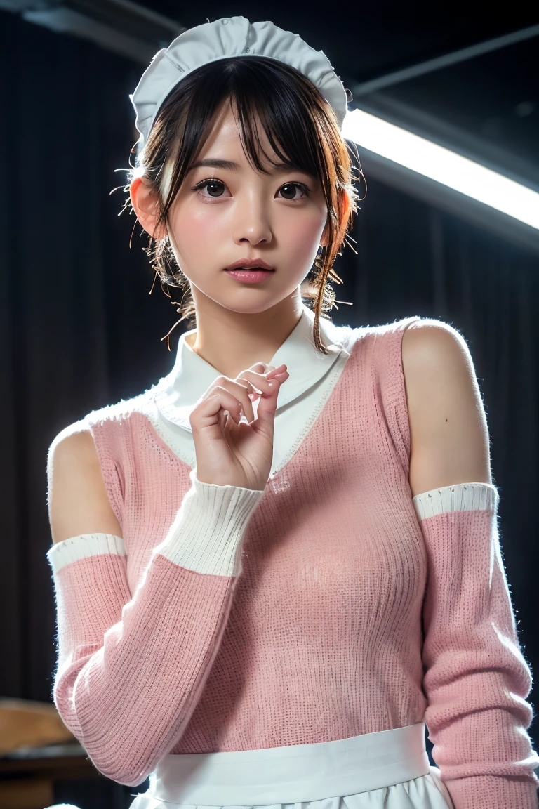 (8k, RAW Photos,Highest quality, High resolution:1.1), (Ultra-realistic:1.4),(Realistic, Realistic:1.3),The Beauty of Japan、Rhythmic gymnastics club、Rhythmic Gymnastics Uniform、((Upper Body:1.3)),Maid喫茶、((Maid:1.3)),(Pink knitted sweater:1.3),look up、Shooting from the sky、Big Breasts、No sleeve、Hands raised and sides are visible