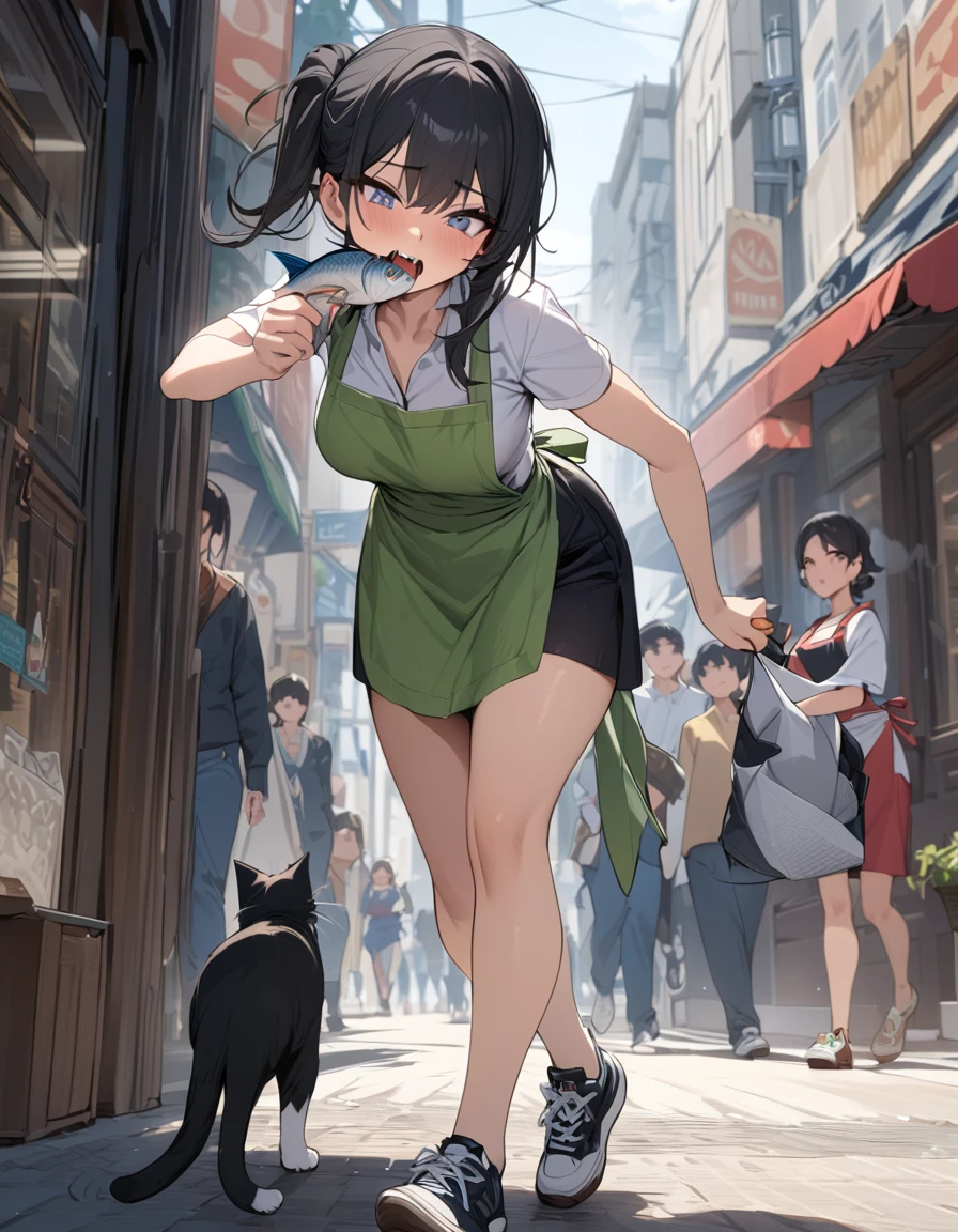 masterpiece, best quality, extremely detailed, Woman, black hair, apron, on the street, ((a cat running away with a fish in its mouth)),