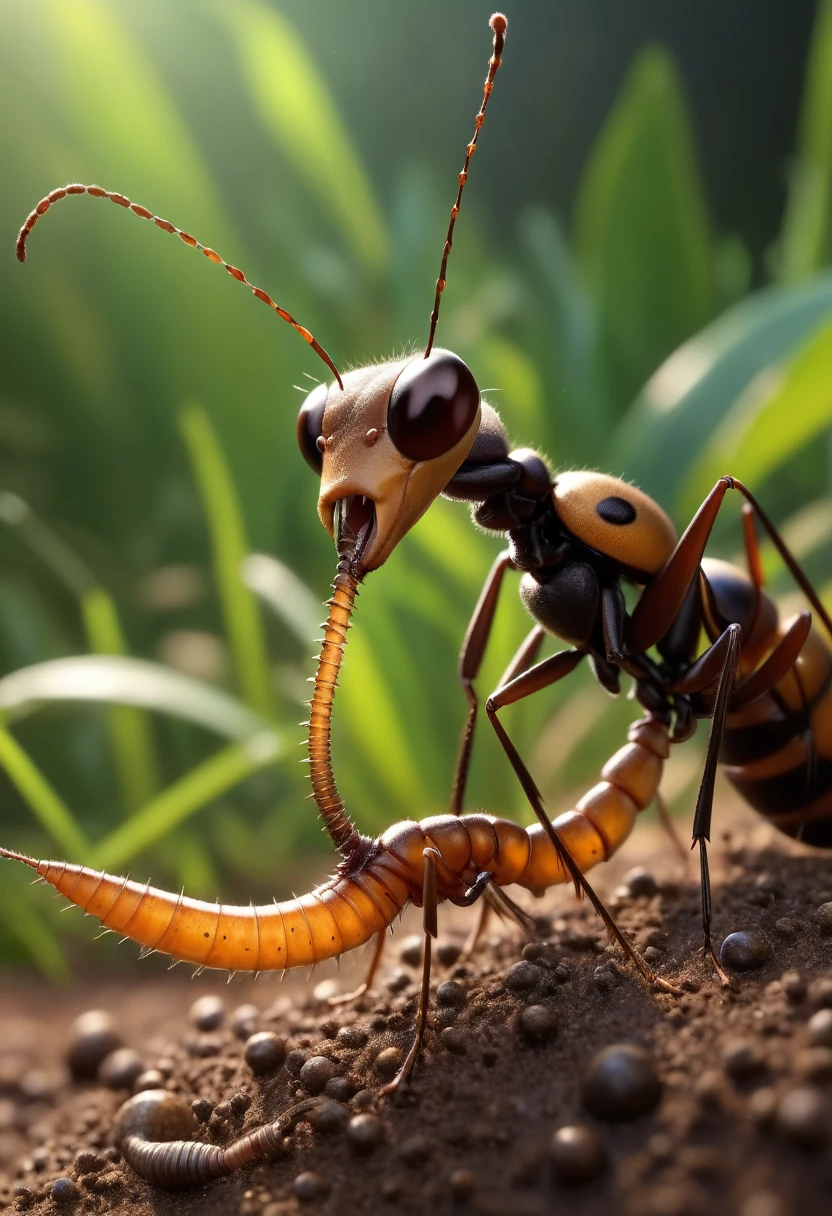 The soldier ant holds the worm with its huge mandibles, which have small, shimmering guitar strings along their length, vibrating in time with the soft sound of a jazz trumpet coming from a neighboring anthill, hyperrealism, 8k