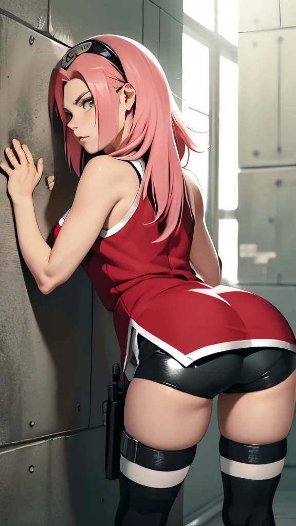 chedevr, Best quality at best, 1 girl, Sakura Haruno, big ,red clothes,Grew, to be sexy,Very angry,with pink hair, long pink hair, (green eyes:1.4), Forehead Protection,ideal figure,Behind,Портрет в полный рост Behind,in the cell,standing on his feet, сильно bent over вперед, face pressed against the wall ,legs straight, leans his hands on the wall, the back is arched back, tight black glossy bicycle shorts, lower body close up , butt raised up, bent over